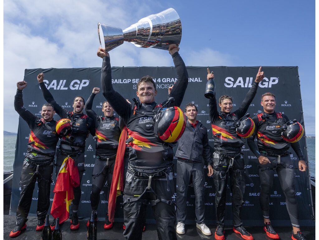 Spain SailGP Team helmed by Diego Botin celebrate on stage after winning the SailGP Season 4 Grand Final in San Francisco, USA. Sunday 14th July 2024. Photo: Adam Warner for SailGP. Handout image supplied by SailGP