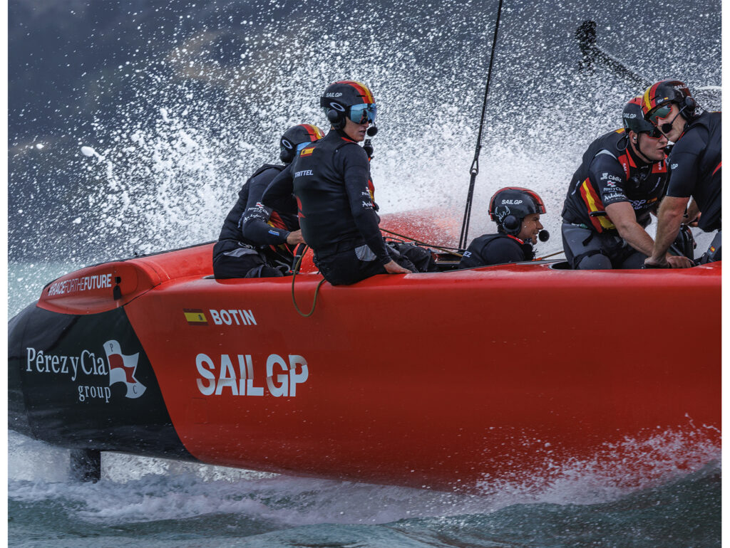 Spain SailGP Team helmed by Diego Botin celebrate on stage after winning the SailGP Season 4 Grand Final in San Francisco, USA. Sunday 14th July 2024. Photo: Adam Warner for SailGP. Handout image supplied by SailGP