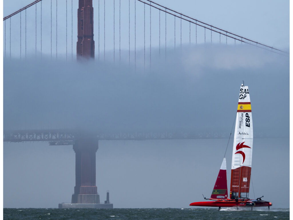 Spain SailGP Team helmed by Diego Botin celebrate on stage after winning the SailGP Season 4 Grand Final in San Francisco, USA. Sunday 14th July 2024. Photo: Adam Warner for SailGP. Handout image supplied by SailGP